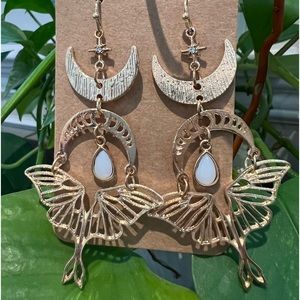 Boho Golden Wings with Inlaid White Moonstone Earrings